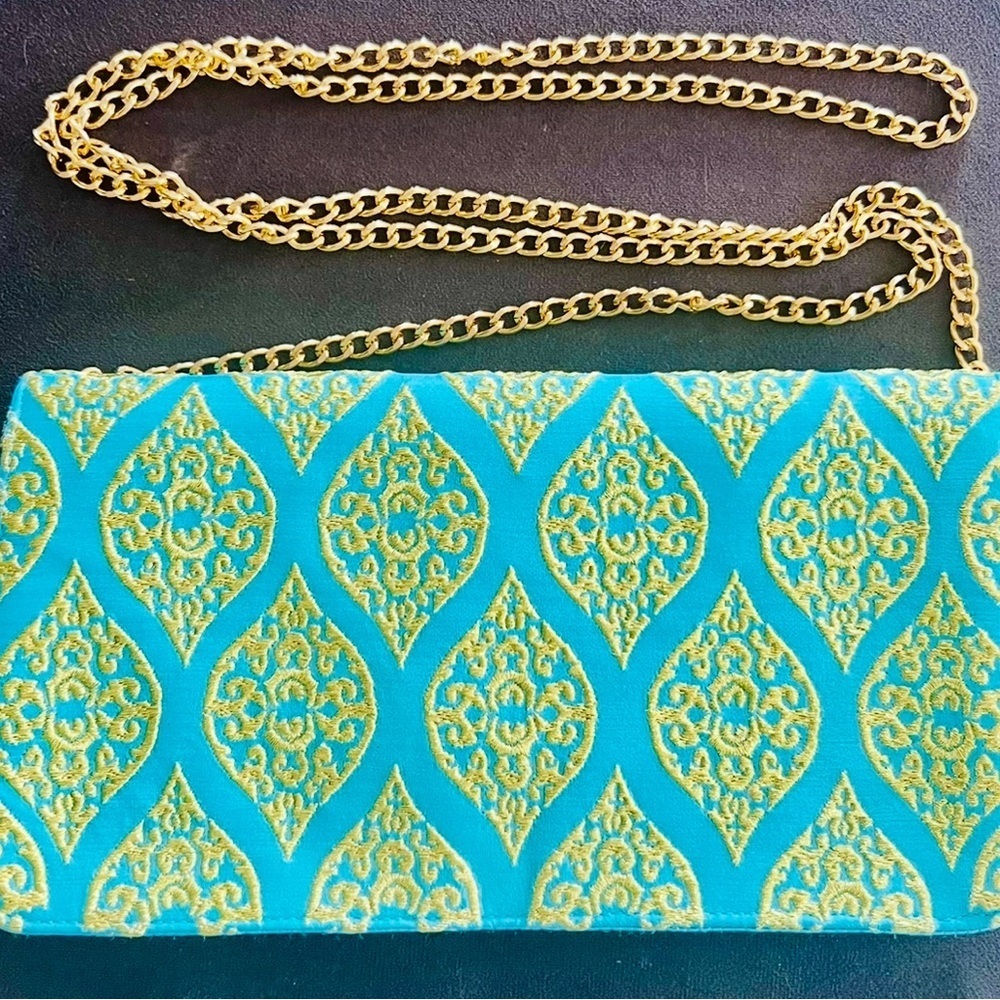 Shiraleah Gold and Blue Clutch with Elegant Pattern